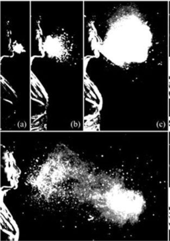 Capture d'un éternuement et du nuage de gouttelettes en suspension qui en résulte. (Bourouiba Bush 2014)
